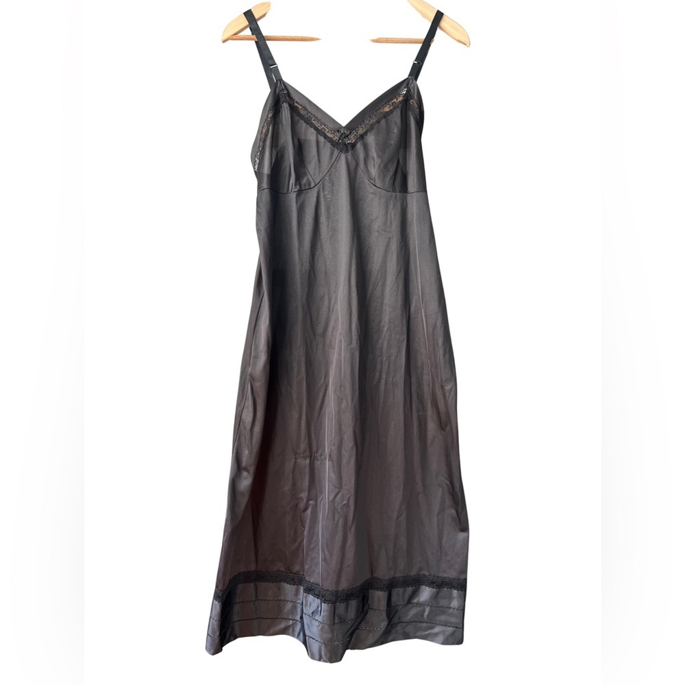 Vintage Black Satin Lace-Trim Slip Dress - Lingerie